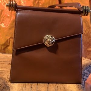 Rare BROWN LEATHER PURSE HANDBAG WITH JEWELRY LIKE GOLD HARDWARE